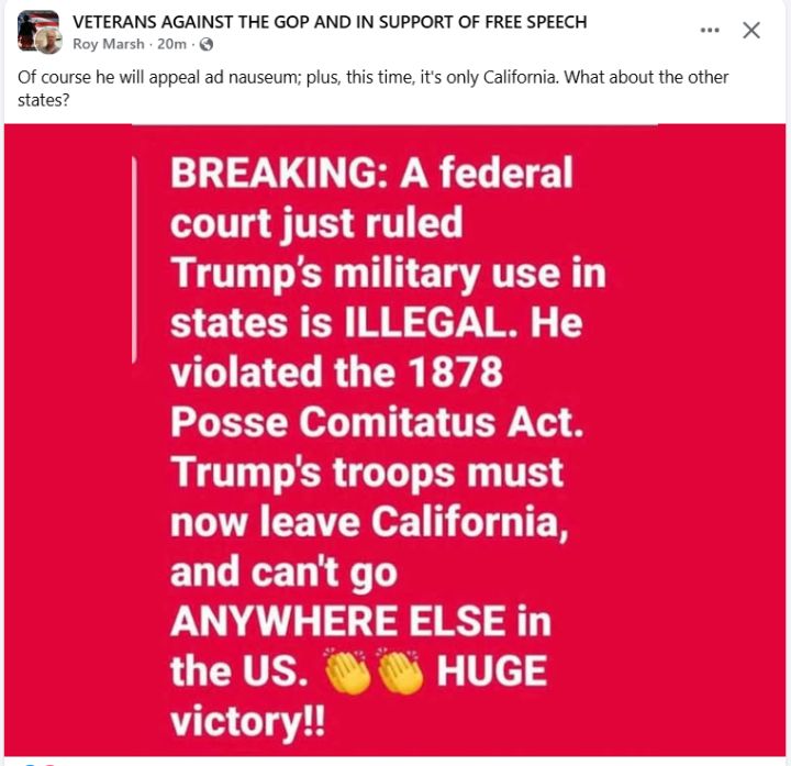 A social media graphic about a federal court ruling on the Posse Comitatus Act